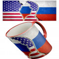 Кружка «Перезагрузка» – нейтральный подарок с дизайном флагов США и России, профилями Путина и Трампа