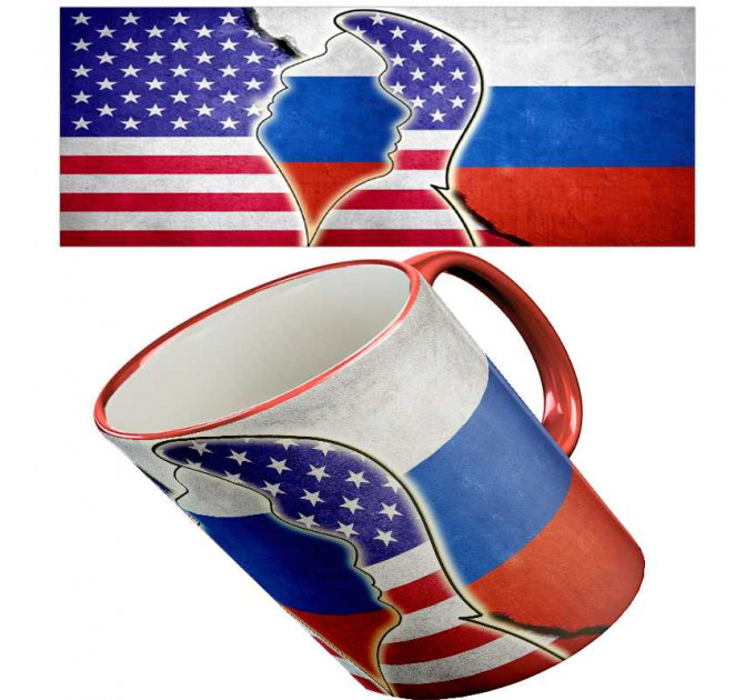 Кружка «Перезагрузка» – нейтральный подарок с дизайном флагов США и России, профилями Путина и Трампа