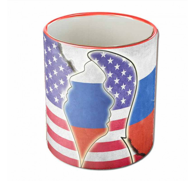 Кружка «Перезагрузка» – нейтральный подарок с дизайном флагов США и России, профилями Путина и Трампа
