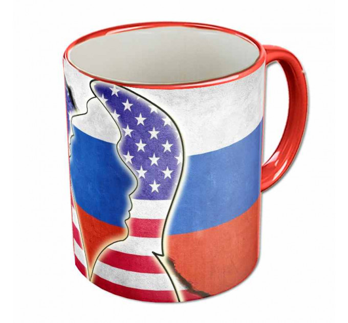 Кружка «Перезагрузка» – нейтральный подарок с дизайном флагов США и России, профилями Путина и Трампа